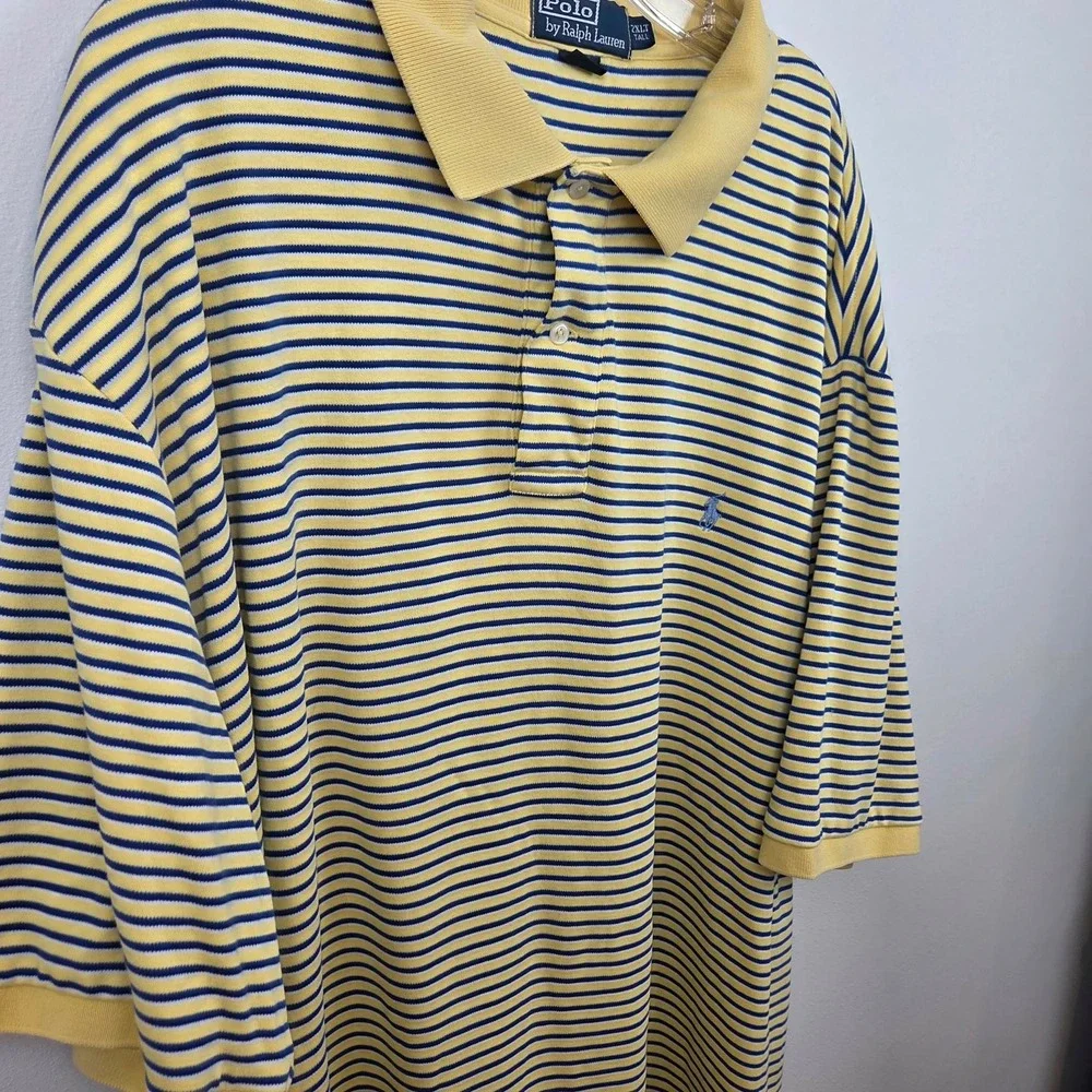 Polo Ralph Lauren Mens 2XLT Tall Polo Shirt Yellow Blue Striped Cotton Pony